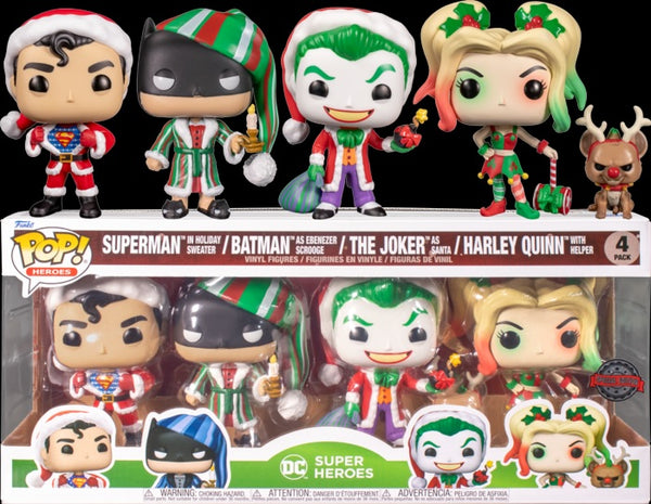 Funko DC Super Heroes -Holiday Superman, Harley Quinn, Joker Santa & Scrooge Batman Pop! Vinyl Figure 4-Pack