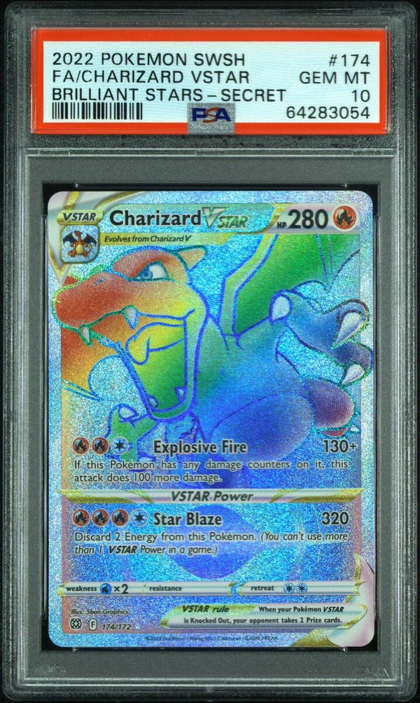 PSA 10 Gem -Charizard VStar 174/172 Brilliant Stars Rainbow Secret Rare GRADED CARD