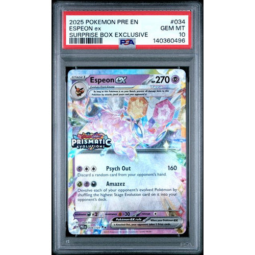 PSA 10 Gem Mint Pokemon Prismatic Evolutions Espeon ex 034/131 Surprise Box (Stamped)