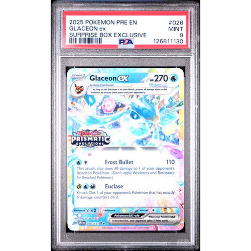 PSA 9 Mint 2025 Pokemon Pre En-Prismatic Evolutions #026 Glaceon ex Surprise Box Exclusive