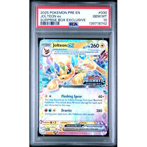 PSA 10 Gem Mint Jolteon EX 2025 Pokemon Prismatic Evolutions Surprise Box Double rare&nbsp; #30 (Stamped)