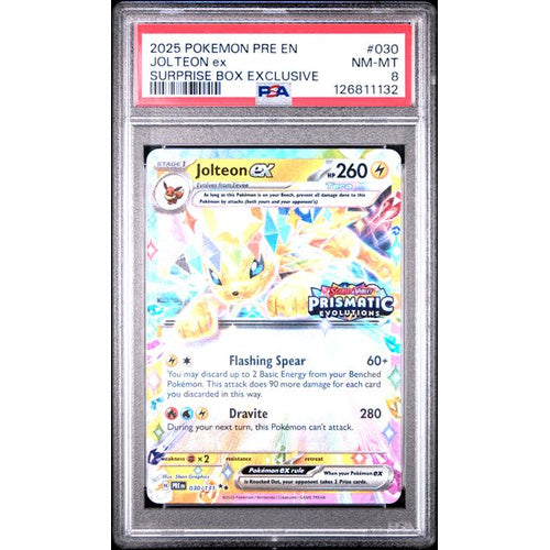 PSA 8 NM-MT 2025 Pokemon Pre En-Prismatic Evolutions #030 Jolteon ex Surprise Box Exclusive
