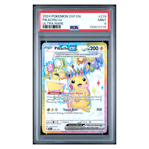 PSA 9 Surging Sparks Sv08: Ultra Rare Holo EN 2024 Pikachu ex 219/191