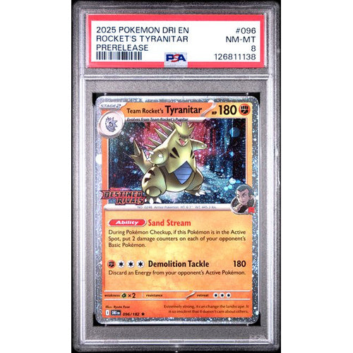 PSA 8 NM-MT 2025 Pokemon Dri En-Destined Rivals #096 Rocket's Tyranitar Prerelease